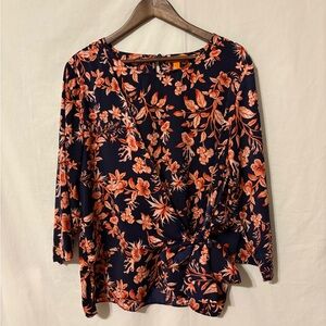 Gigi Parker Floral Wrap Style Blouse | Navy Coral Print | XL